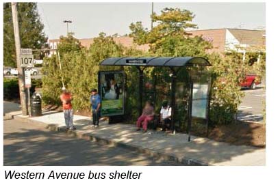 This is a photo of a bus shelter for the bus stop that is located at the southeast corner of the intersection. 